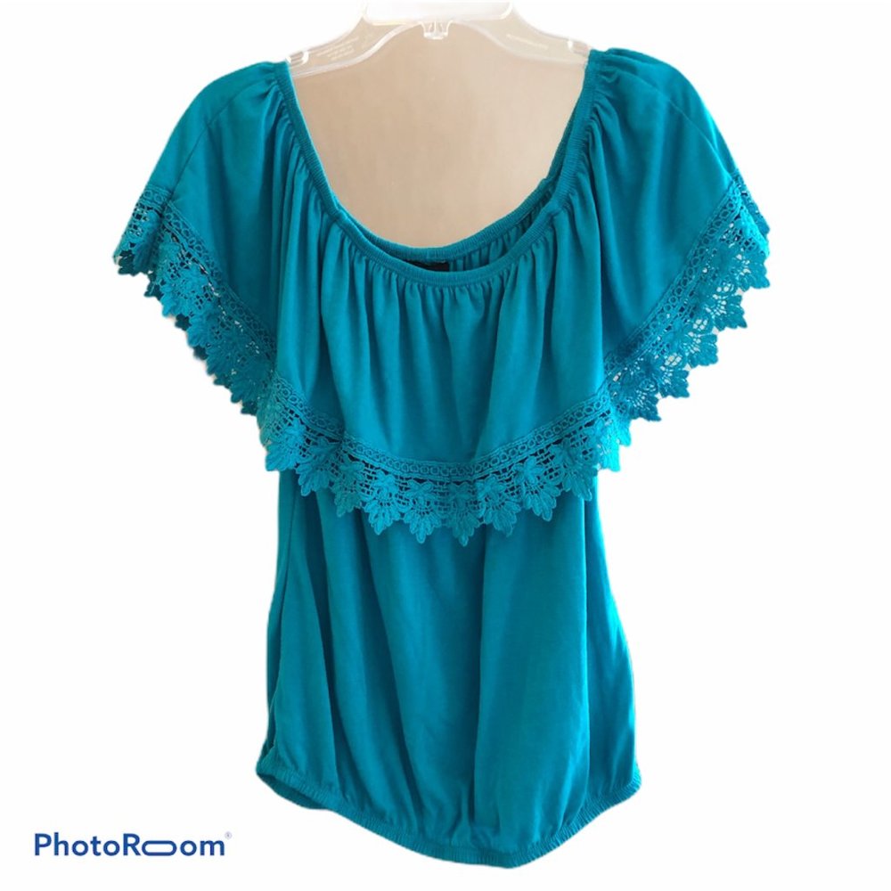 Teal blue off shoulder ruffled top, blouse size S - Picture 2 of 2